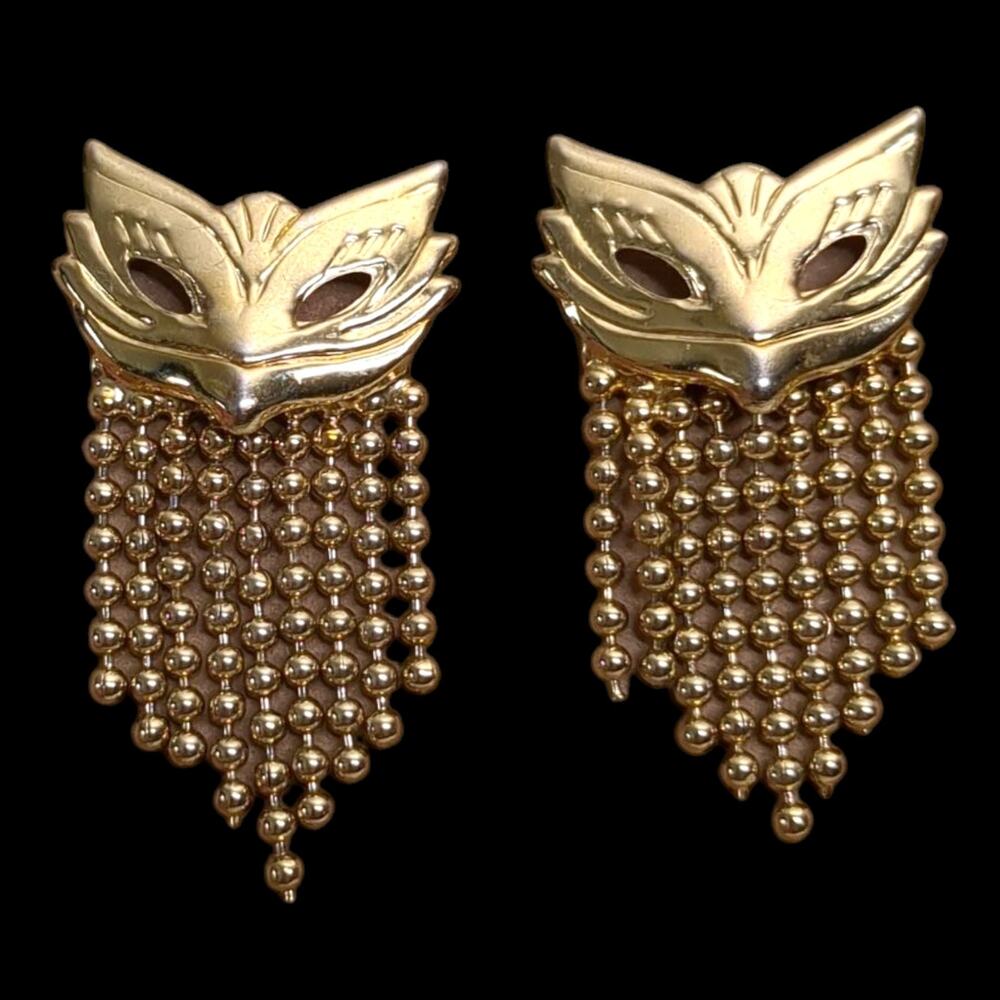 Opera Fox Masquerade Mask Waterfall Gold Tone Earrings 1.5"